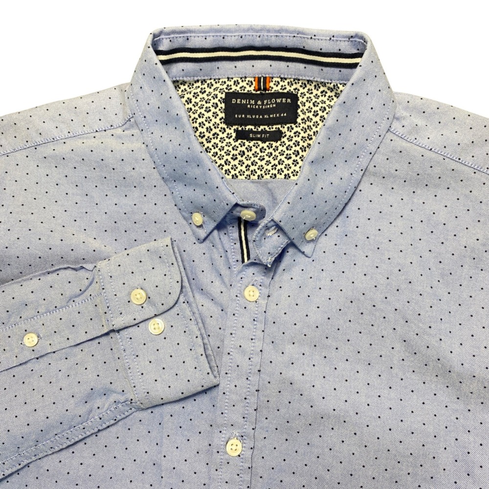 Denim & Flower Ricky Singh Mens XL Slim Fit Blue Micro Dot Button Down Shirt